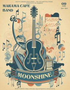 MOONSHINE social dance Sunday 9 June 2-5pm at the South London Irish Association 138 Hartfield Road SW19. Live music by the Marama Cafe Band. Click for tickets